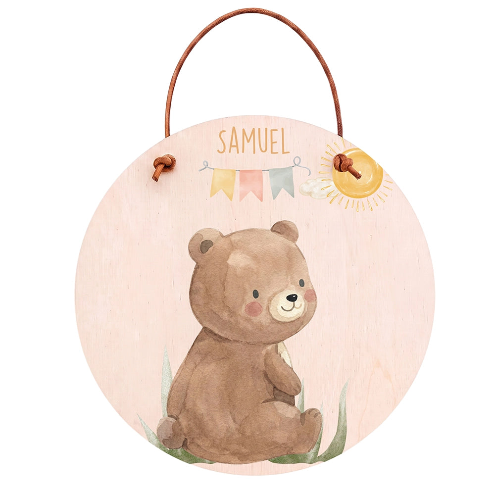 Türschild Kinderzimmer personalisiert mit Name Bär mit Wimpelkette