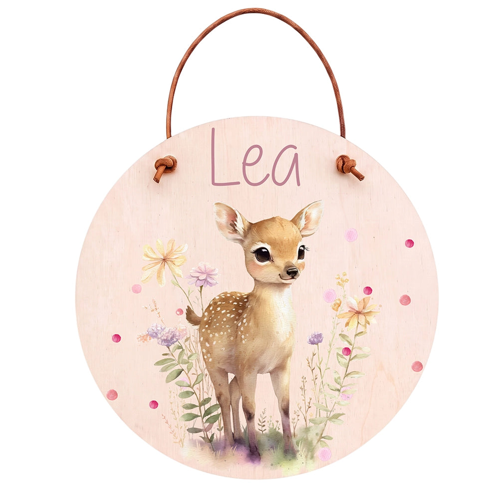 Türschild Kinderzimmer personalisiert mit Name Reh mit Wildblumen