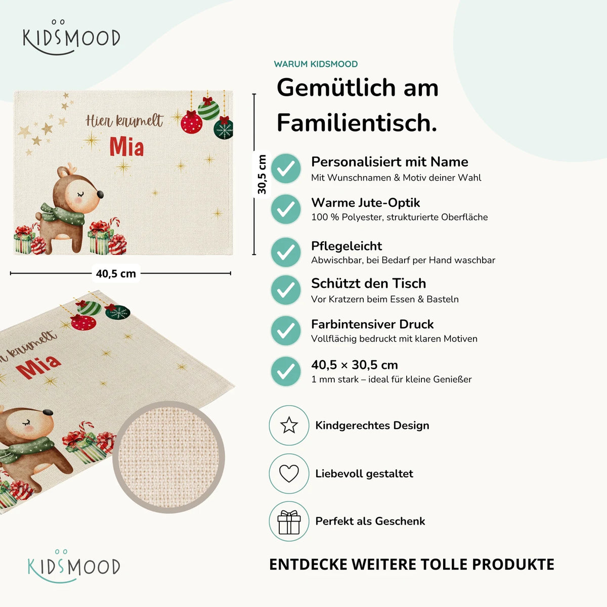 Tischset Kinder personalisiert Weihnachtsmotiv - Reh