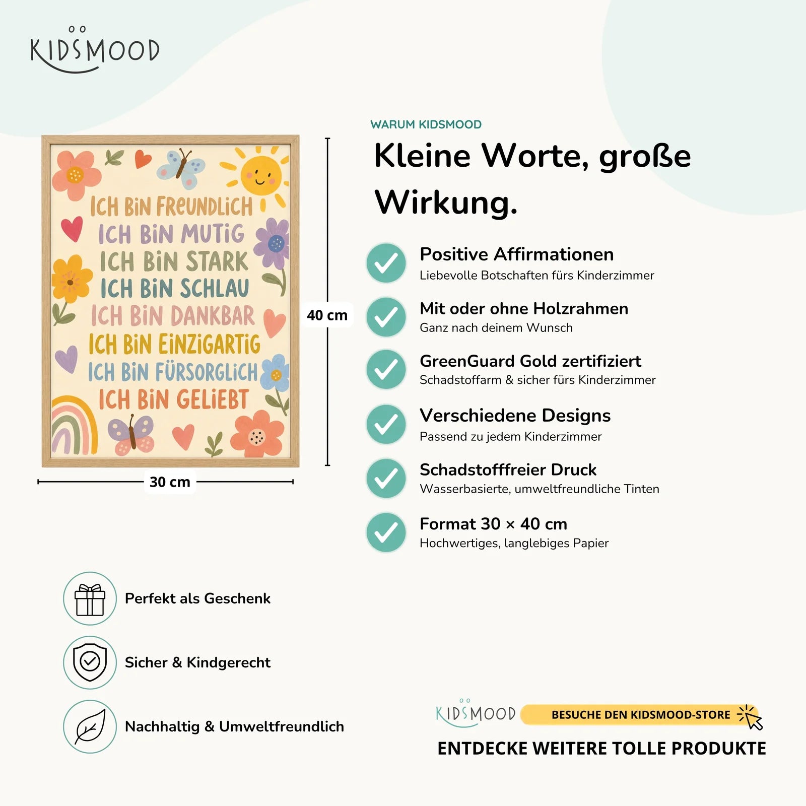 Affirmationsposter Kinderzimmer Blumenwiese Ich bin freundlich, Hauptbild im Holzrahmen, Format 30 x 40 cm