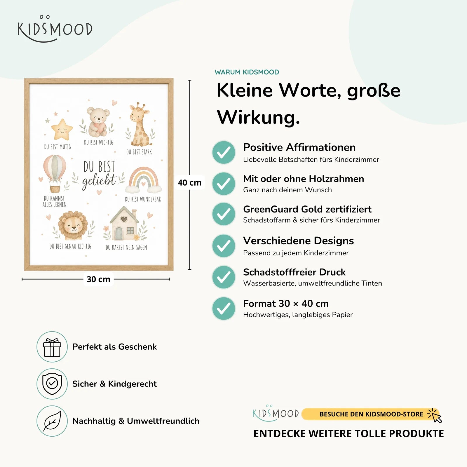 Affirmationsposter Kinderzimmer Collage Du bist geliebt, Hauptbild im Holzrahmen, Format 30 x 40 cm