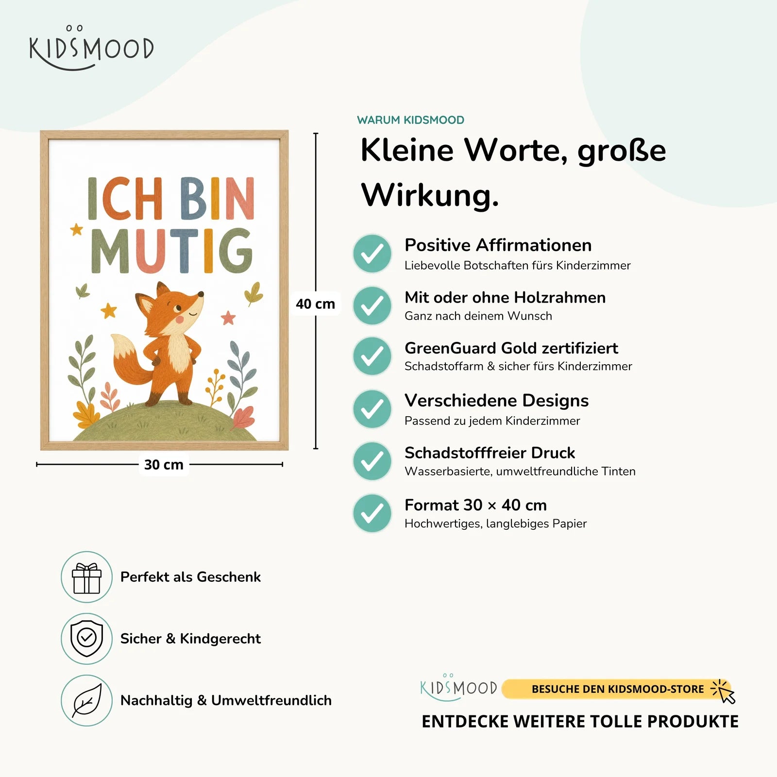 Affirmationsposter Kinderzimmer Fuchs Ich bin mutig, Hauptbild im Holzrahmen, Format 30 x 40 cm