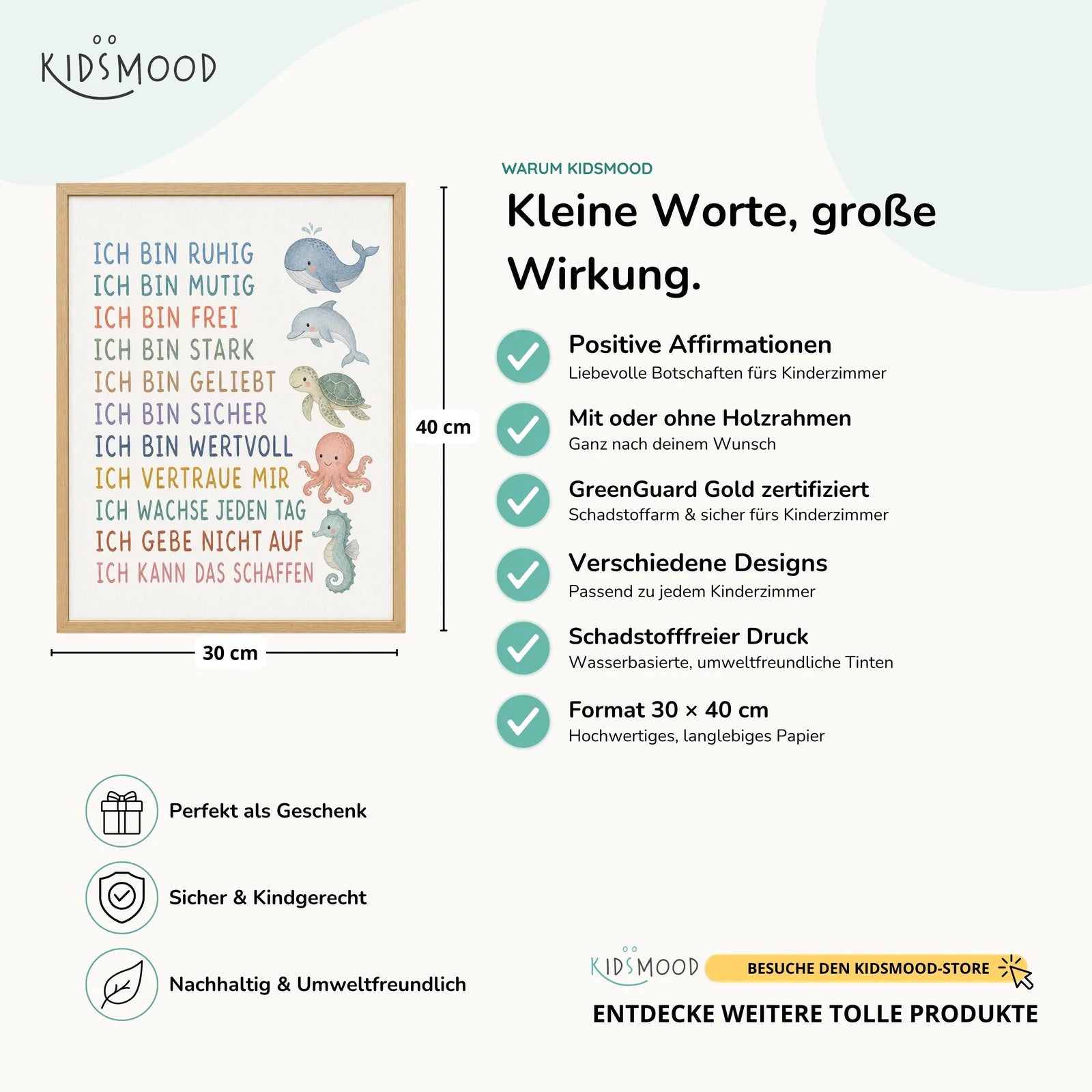 Affirmationsposter Kinderzimmer Meerestiere, Hauptbild im Holzrahmen, Format 30 x 40 cm