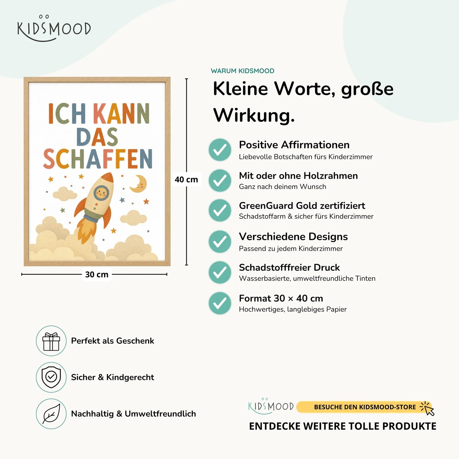 Affirmationsposter Kinderzimmer Rakete Ich kann das schaffen, Hauptbild im Holzrahmen, Format 30 x 40 cm