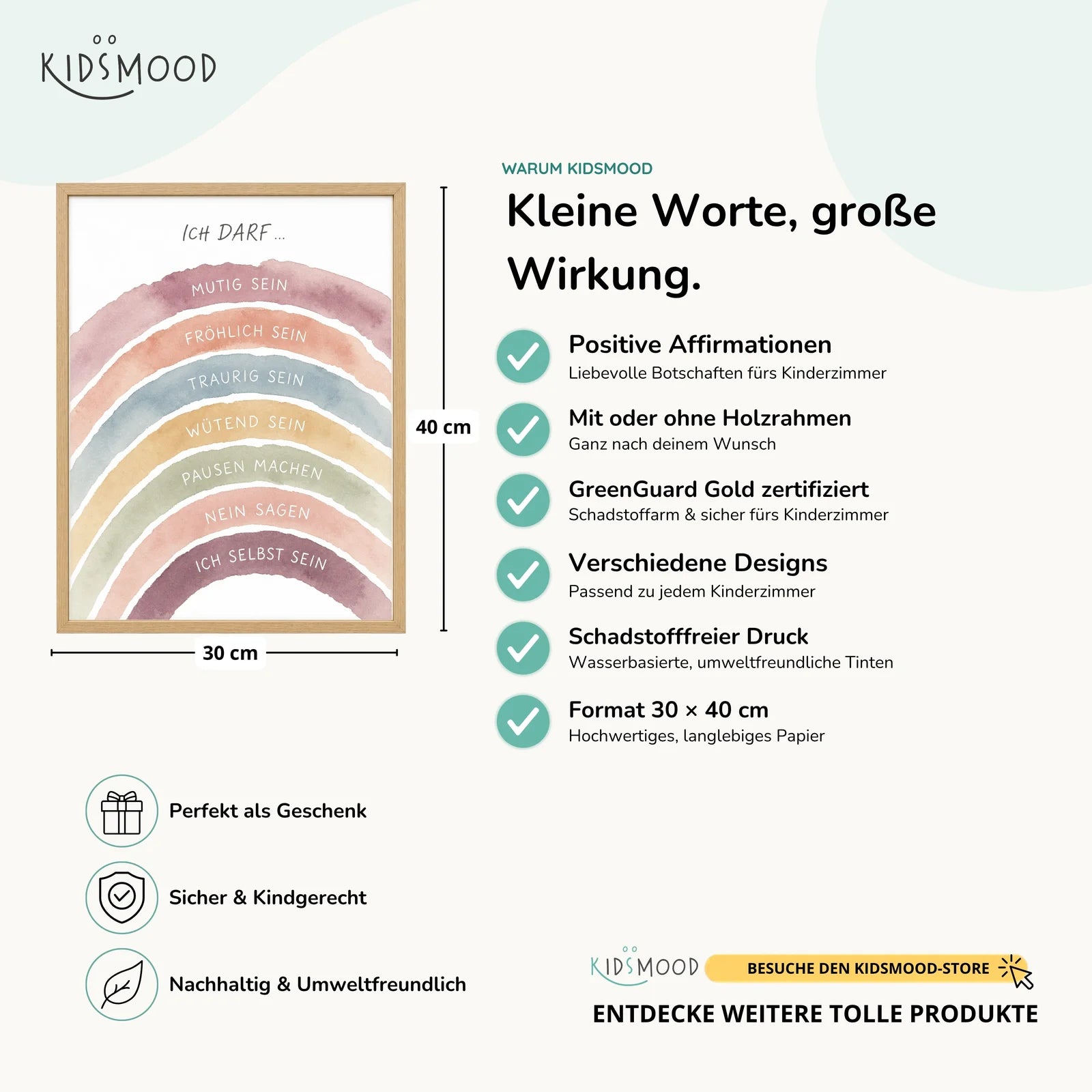 Affirmationsposter Kinderzimmer Regenbogen Ich darf, Hauptbild im Holzrahmen, Format 30 x 40 cm