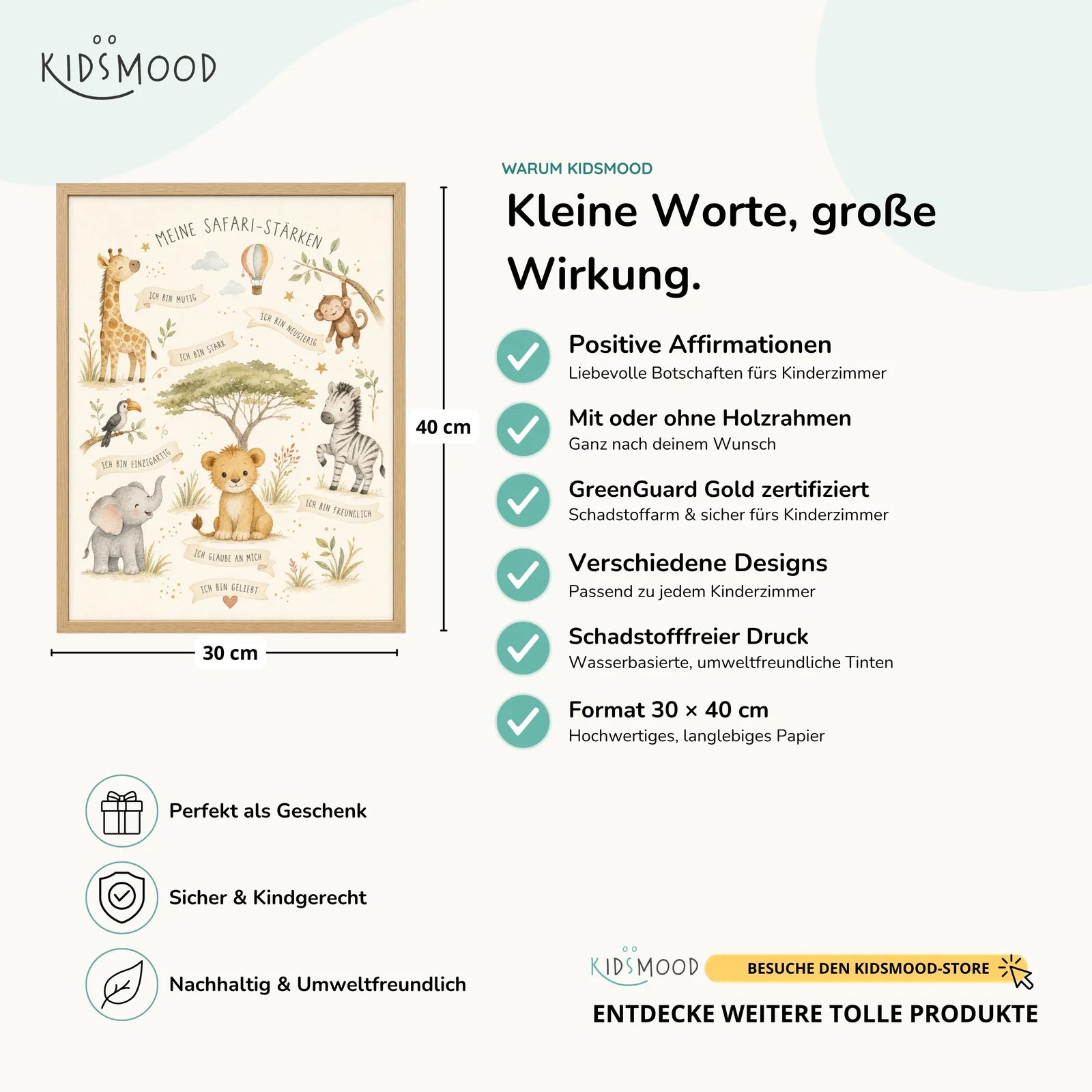 Affirmationsposter Kinderzimmer Safari-StÀrken, Hauptbild im Holzrahmen, Format 30 x 40 cm