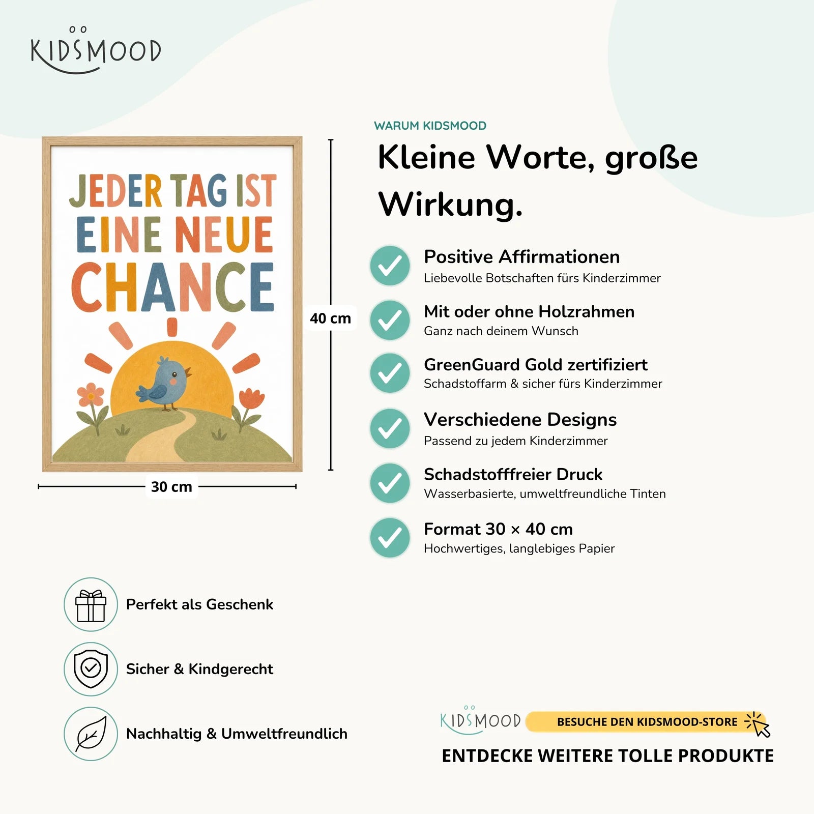 Affirmationsposter Kinderzimmer Vogel Jeder Tag neue Chance, Hauptbild im Holzrahmen, Format 30 x 40 cm