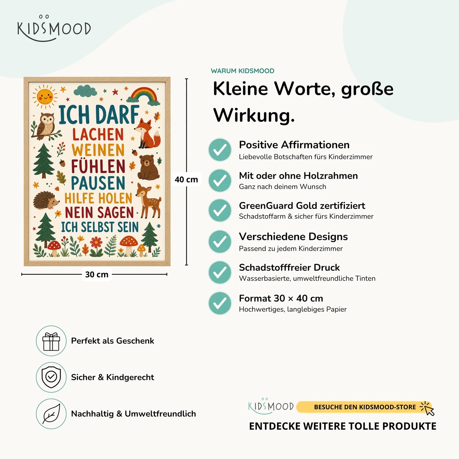 Affirmationsposter Kinderzimmer Wald Ich darf lachen, Hauptbild im Holzrahmen, Format 30 x 40 cm