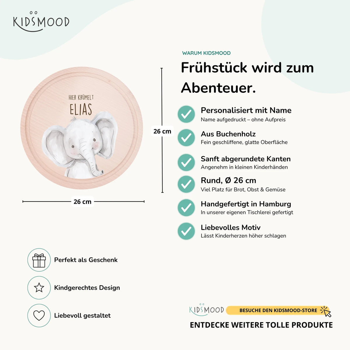 Rundes personalisiertes Frühstücksbrettchen Elefant mit Namen für Kinder