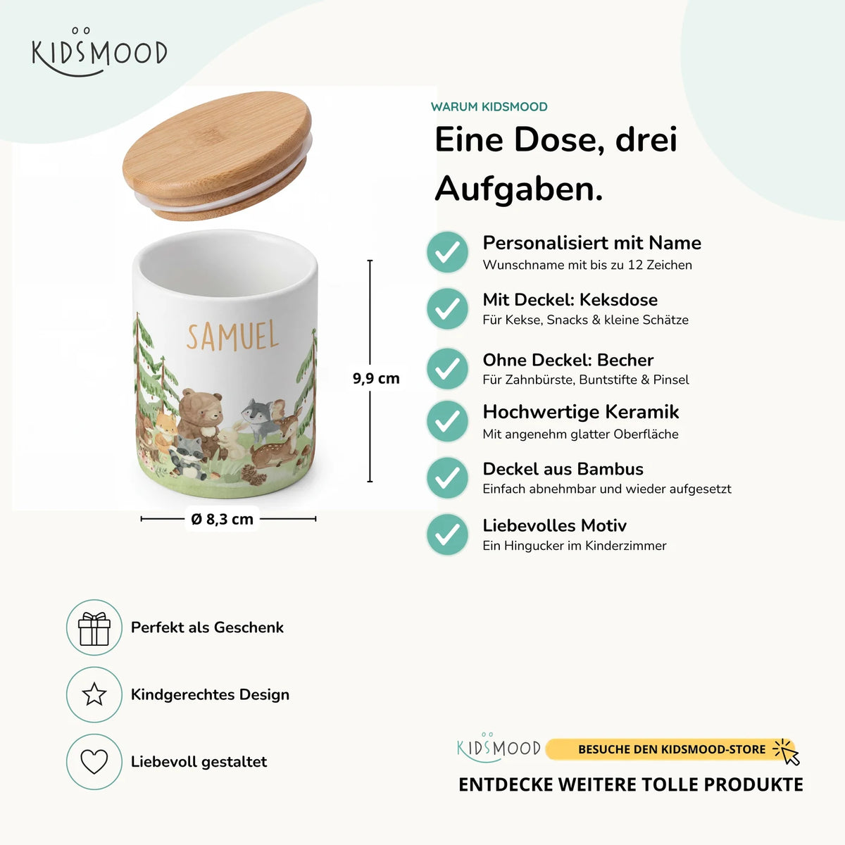 Personalisierte Keksdose Waldfreunde II – Keramik & Bambus mit Wunschname