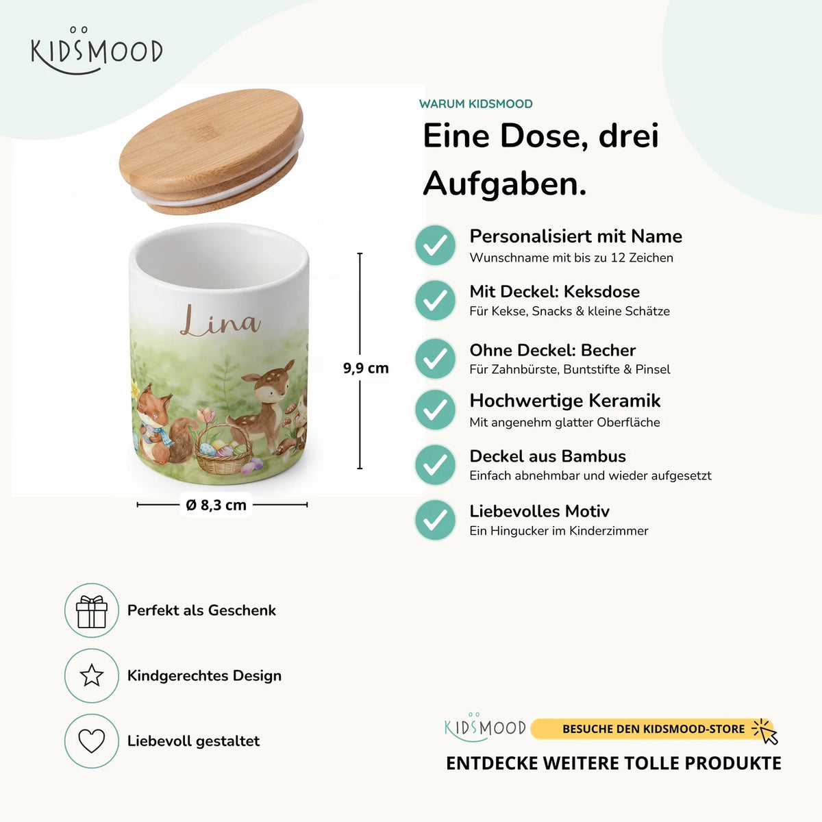 Personalisierte Keksdose Ostern Reh & Fuchs – Keramik & Bambus mit Wunschname