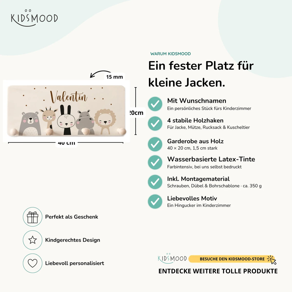 Kindergarderobe Holz personalisiert - Tierfamilie