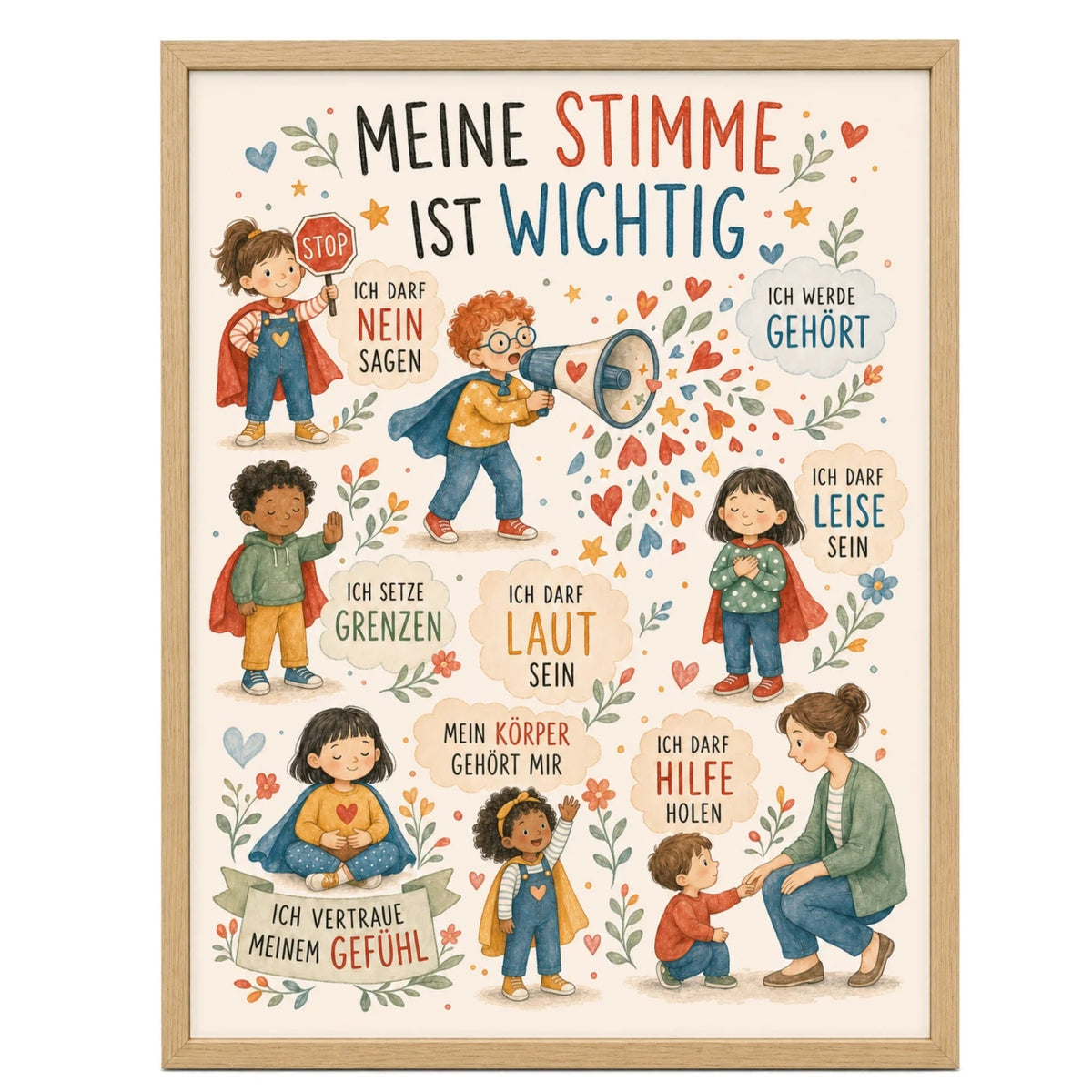 Affirmationsposter „Wimmelbild Meine Stimme“ fürs Kinderzimmer – Kinderposter mit positiven Botschaften, 30 × 40 cm