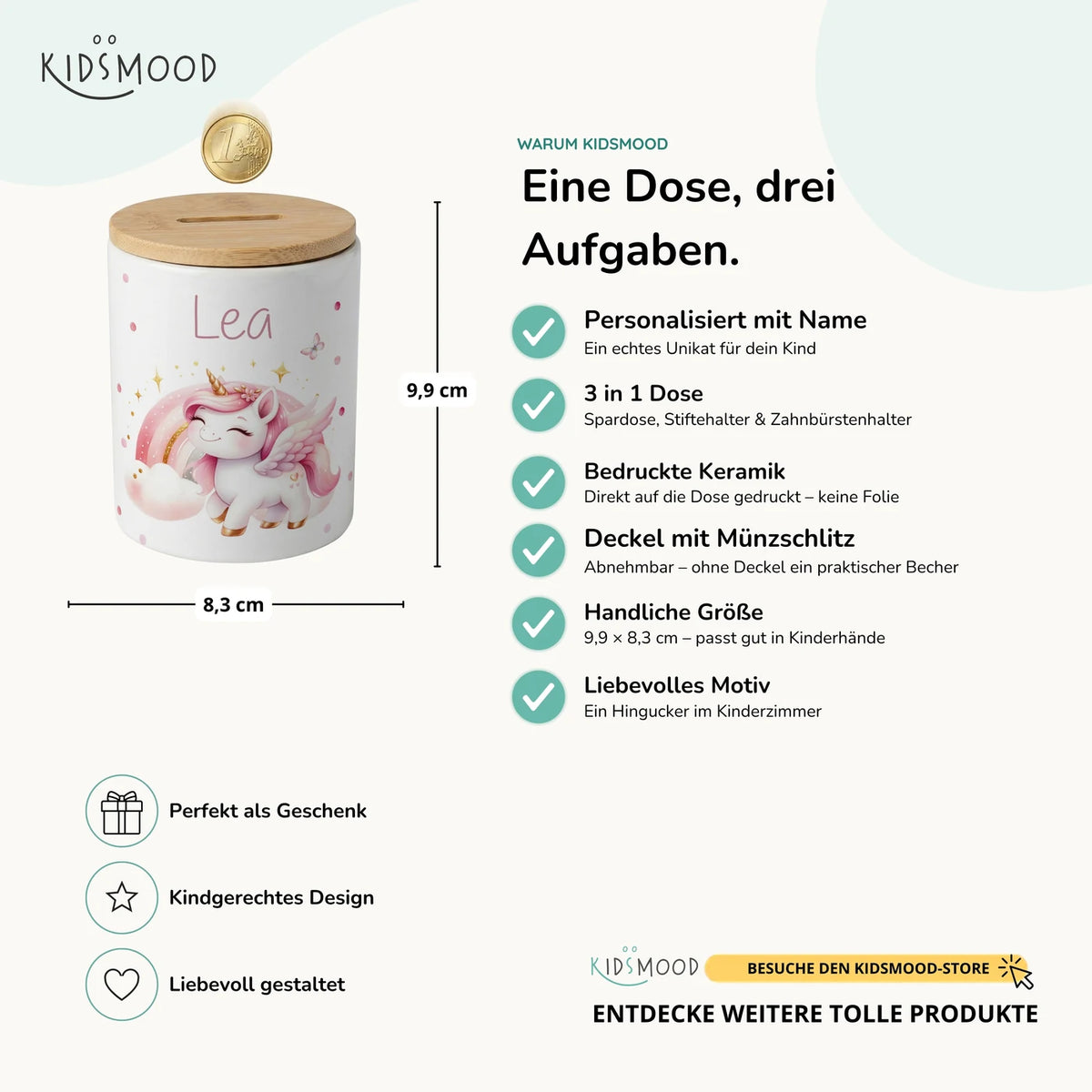 Personalisierte Spardose Einhorn Flügel – Keramik & Bambus mit Wunschname