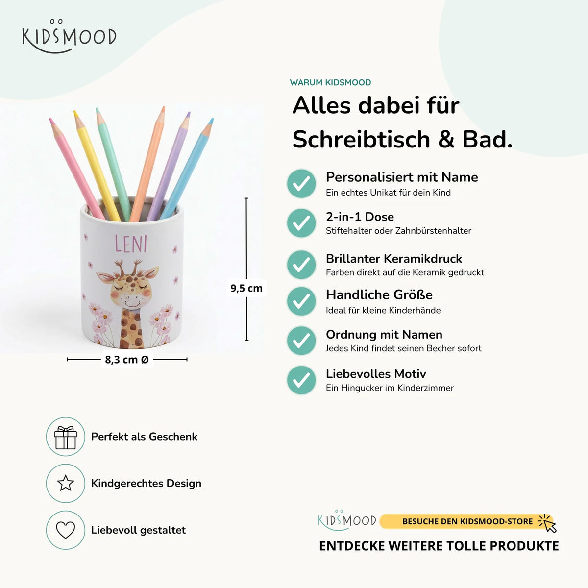 Personalisierter Stiftehalter Giraffe Blumen â Keramik mit Wunschname