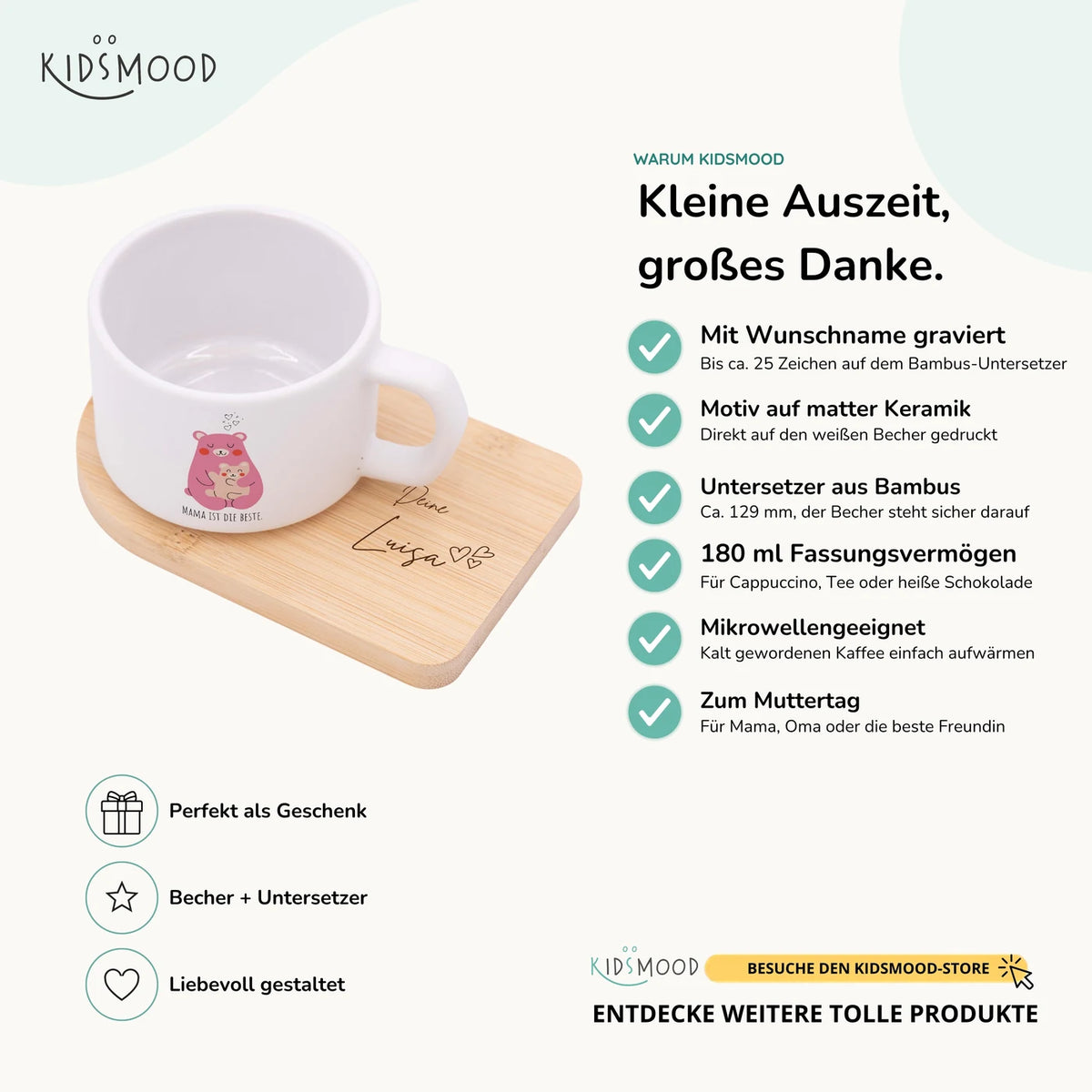 Muttertagsgeschenk Keramikbecher mit Untersetzer â BĂ€r Mama & Kind