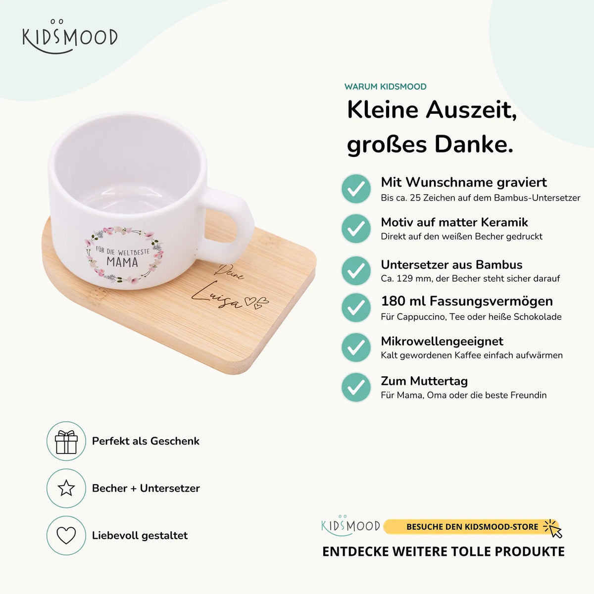 Muttertagsgeschenk Keramikbecher mit Untersetzer – Blumenkranz Weltbeste Mama