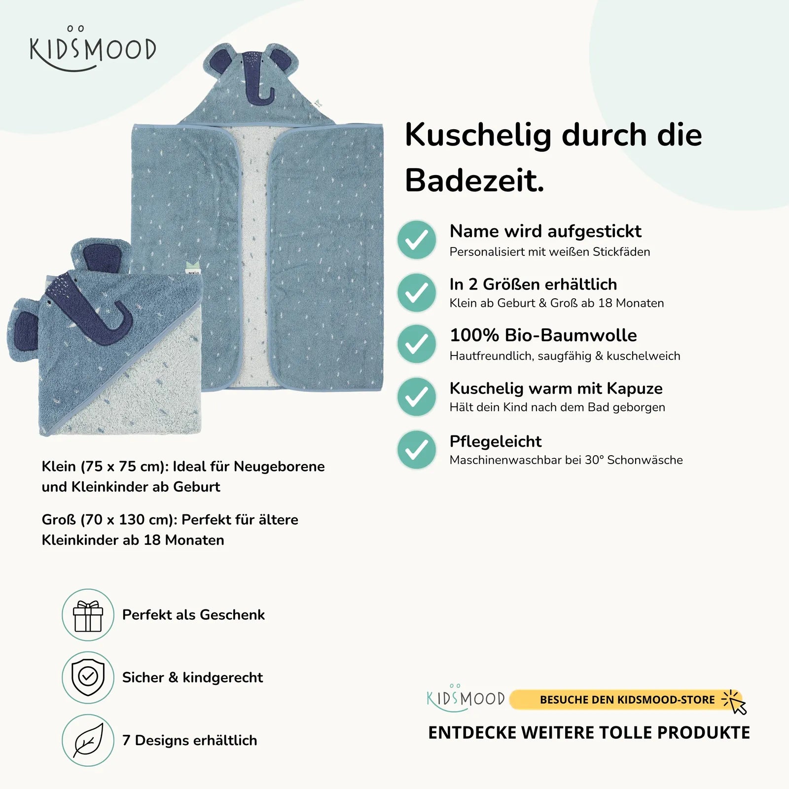 Trixie Kapuzenhandtuch Baby Elefant, Hauptbild, personalisiert mit Wunschname