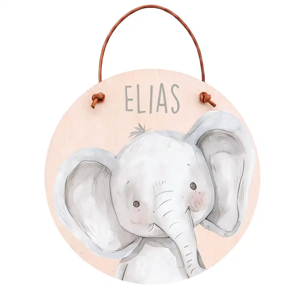Türschild Kinderzimmer Elefant Porträt, aus Echtholz, personalisiert mit Wunschname