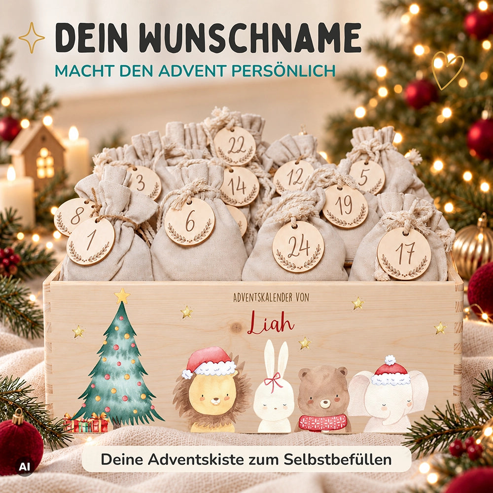 Adventskalender zum Befüllen "Weihnachten mit weihnachtlichem Tiertrio" personalisiert