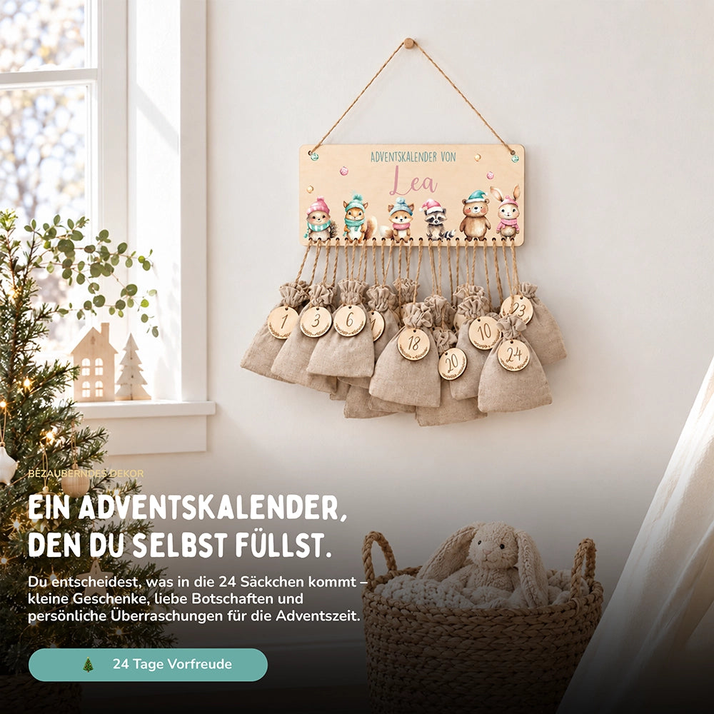 Personalisierbarer Adventskalender farbig - Glückliche Tierfamilie