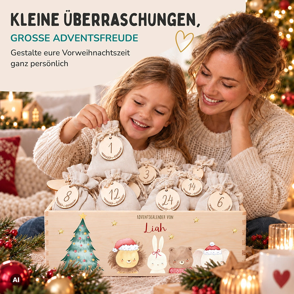 Adventskalender zum Befüllen "Weihnachten mit weihnachtlichem Tiertrio" personalisiert