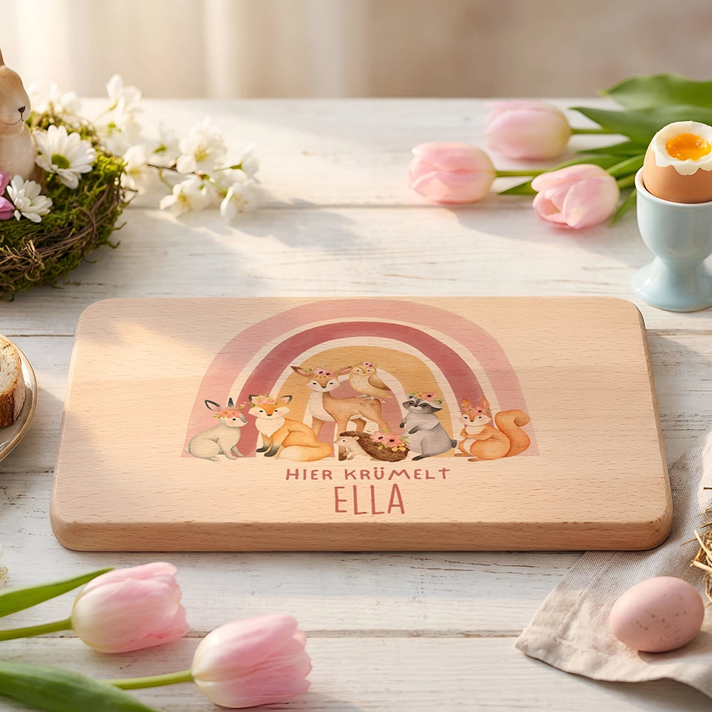 Frühstücksbrettchen Holz personalisiert - Regenbogen Waldtiere