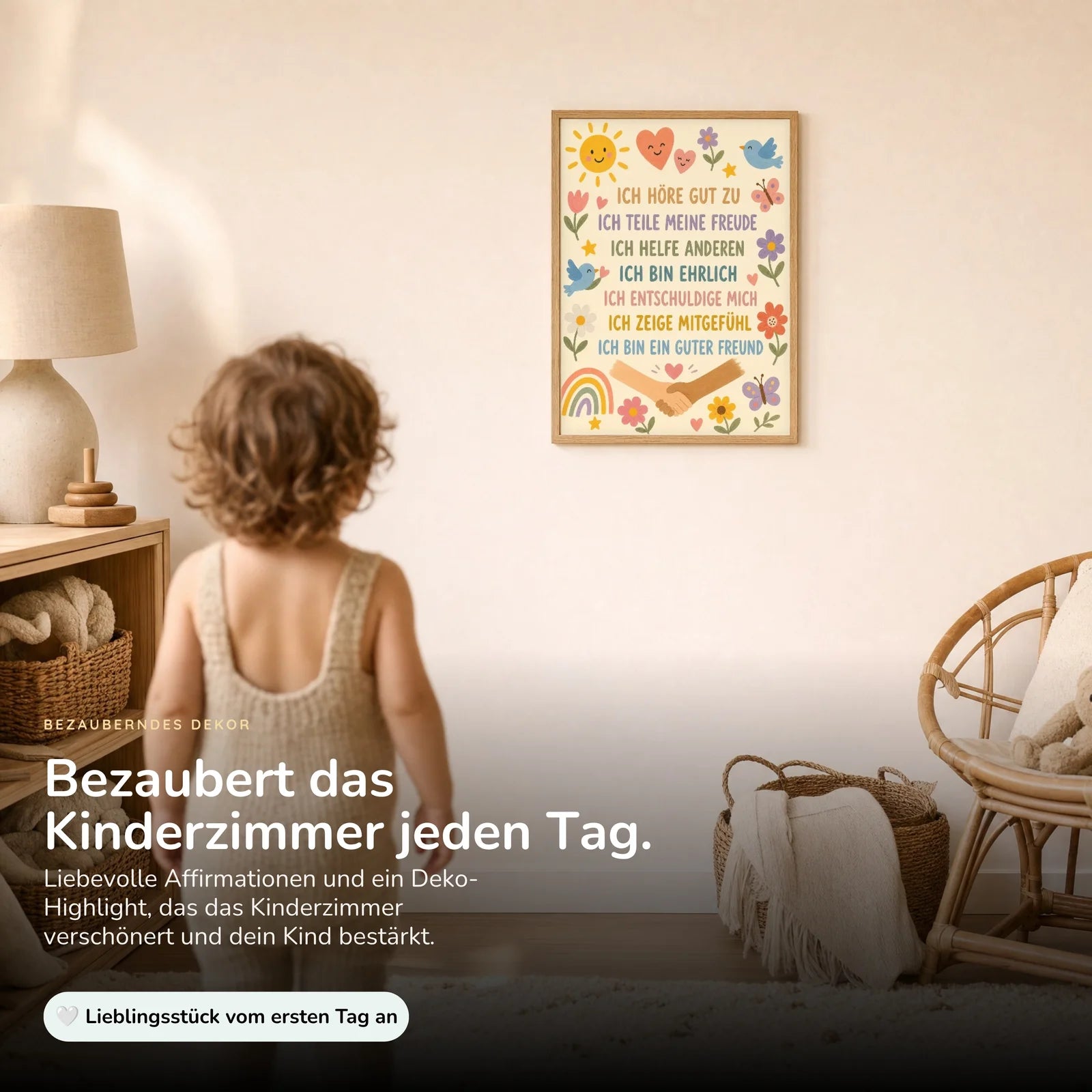 Affirmationsposter Kinderzimmer Blumenwiese Ich höre zu, im Kinderzimmer an der Wand