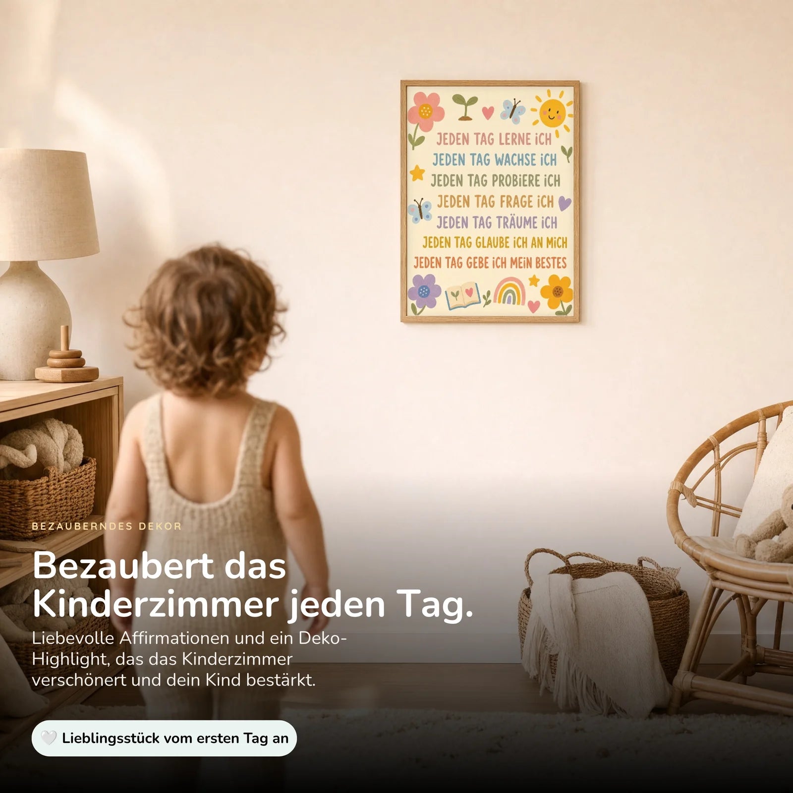 Affirmationsposter Kinderzimmer Blumenwiese Jeden Tag, im Kinderzimmer an der Wand