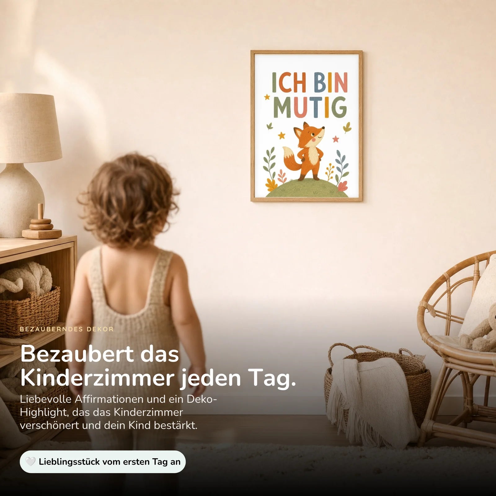 Affirmationsposter Kinderzimmer Fuchs Ich bin mutig, im Kinderzimmer an der Wand