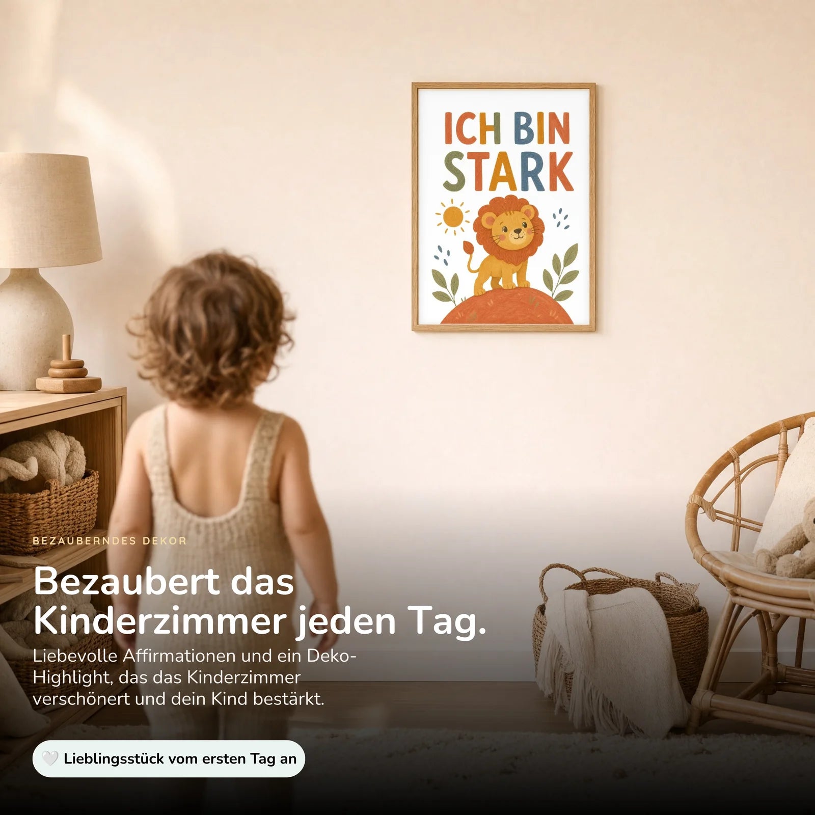 Affirmationsposter Kinderzimmer Löwe Ich bin stark, im Kinderzimmer an der Wand