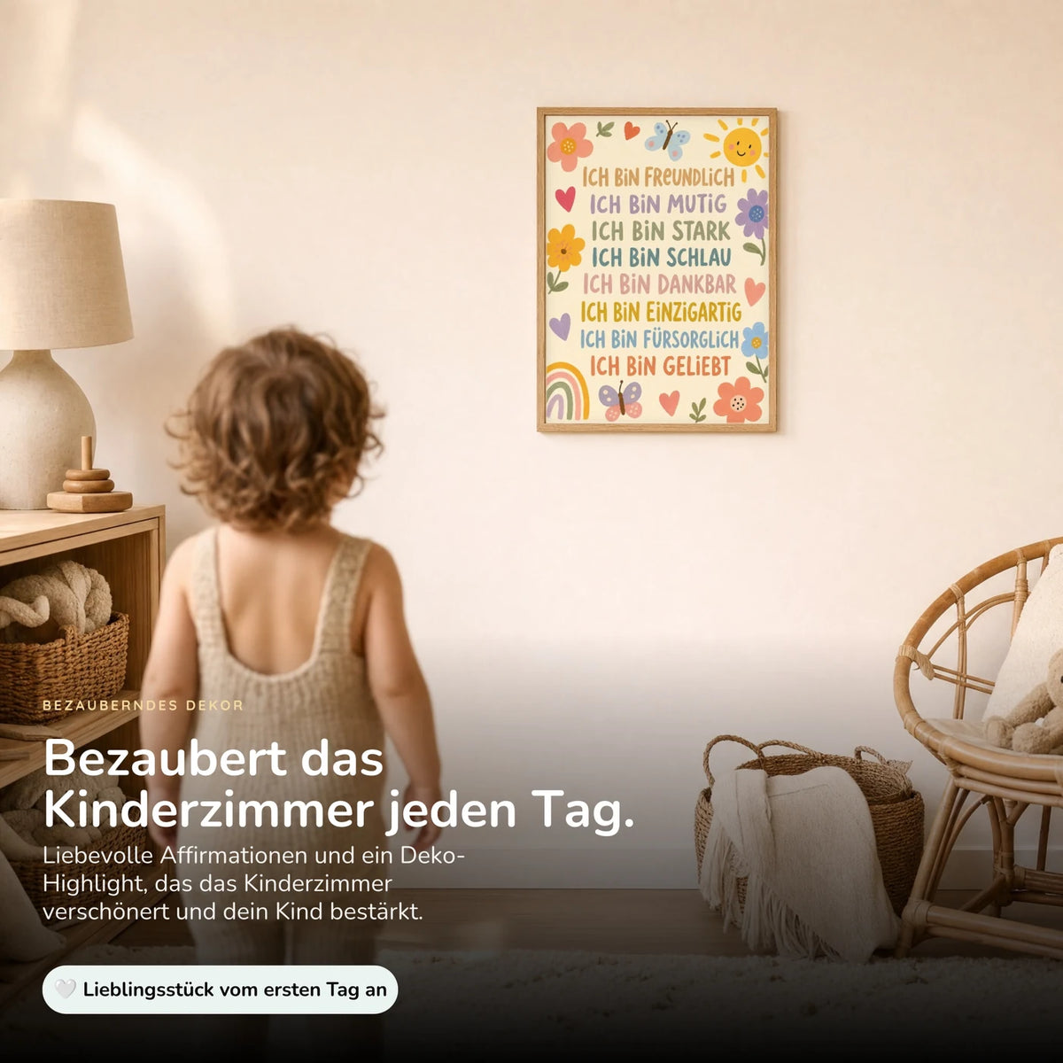 Kind vor dem Affirmationsposter âBlumenwiese Ich bin freundlichâ an der Wand â Bilder fĂŒrs Kinderzimmer