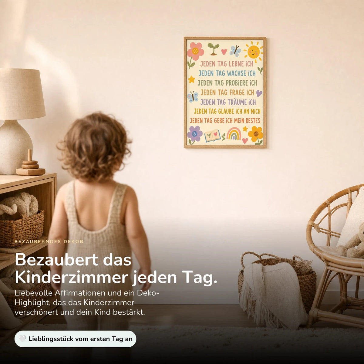 Kind vor dem Affirmationsposter âBlumenwiese Jeden Tagâ an der Wand â Bilder fĂŒrs Kinderzimmer