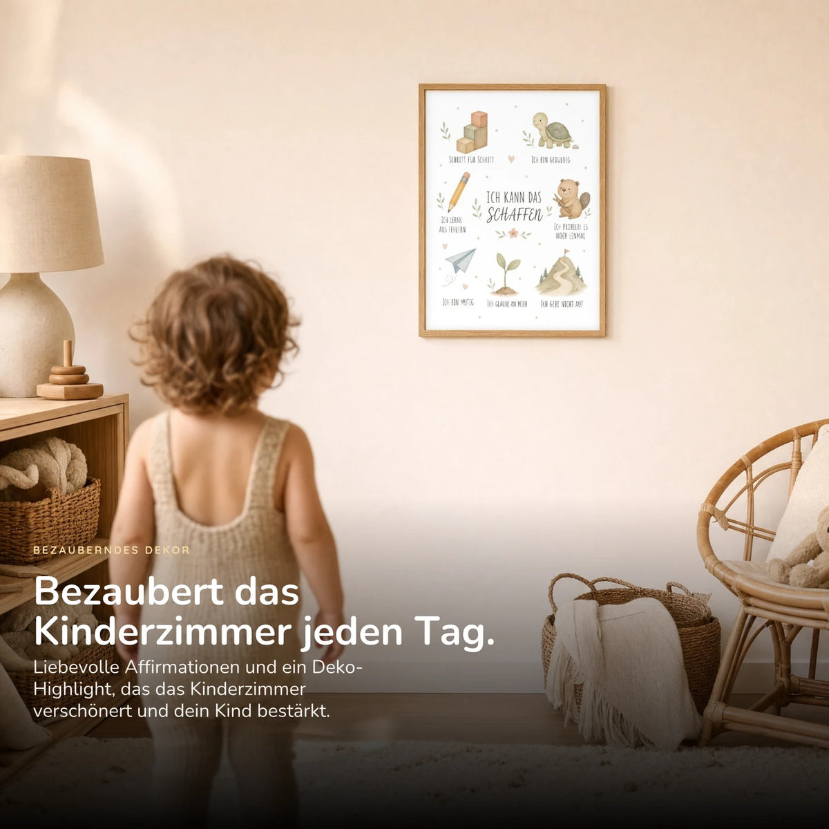 Kind vor dem Affirmationsposter „Collage Ich kann das schaffen“ an der Wand – Bilder fürs Kinderzimmer