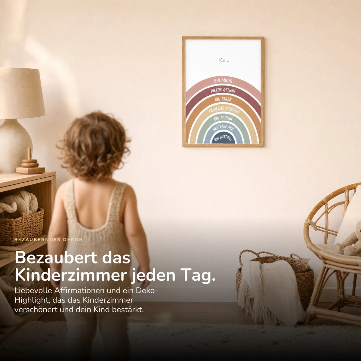 Kind vor dem Affirmationsposter „Regenbogen Ich bin mutig“ an der Wand – Bilder fürs Kinderzimmer