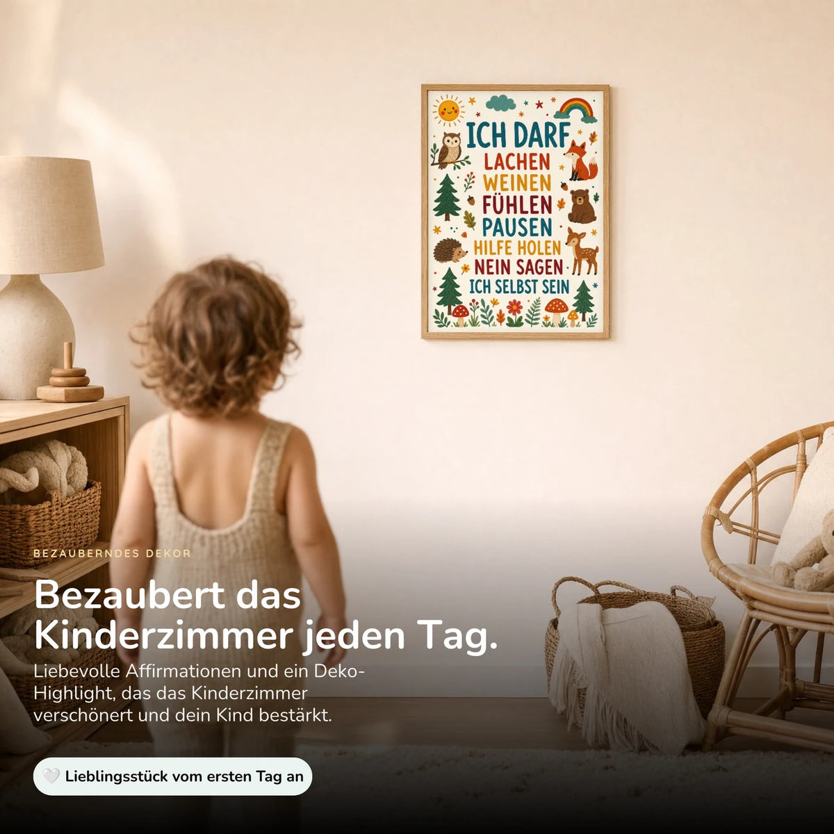 Kind vor dem Affirmationsposter „Wald Ich darf lachen“ an der Wand – Bilder fürs Kinderzimmer