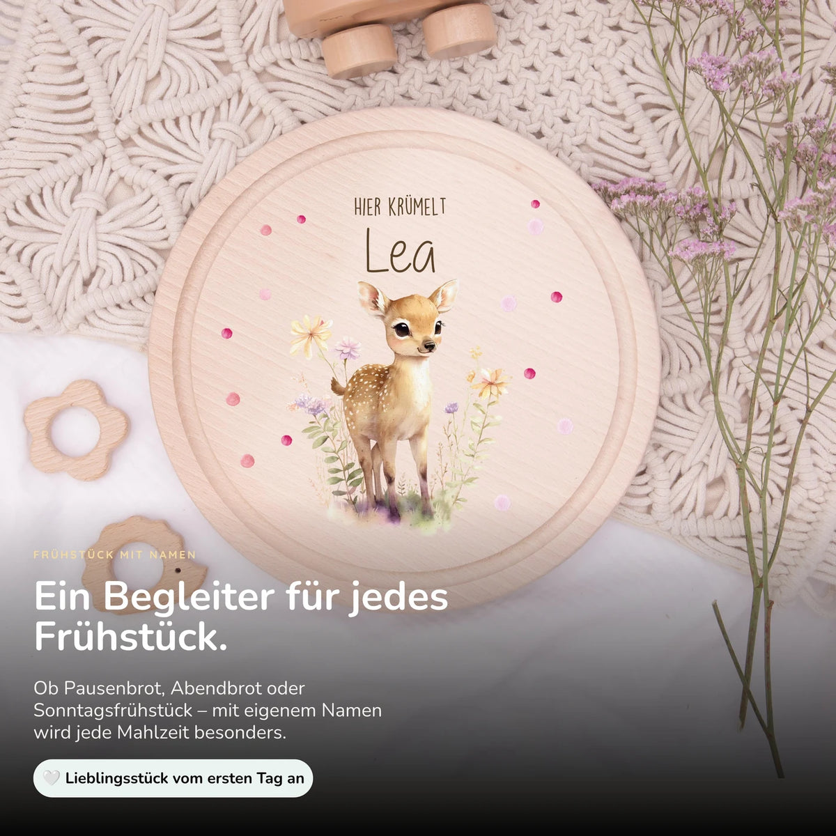 Rundes personalisiertes Frühstücksbrettchen Reh mit Namen für Kinder