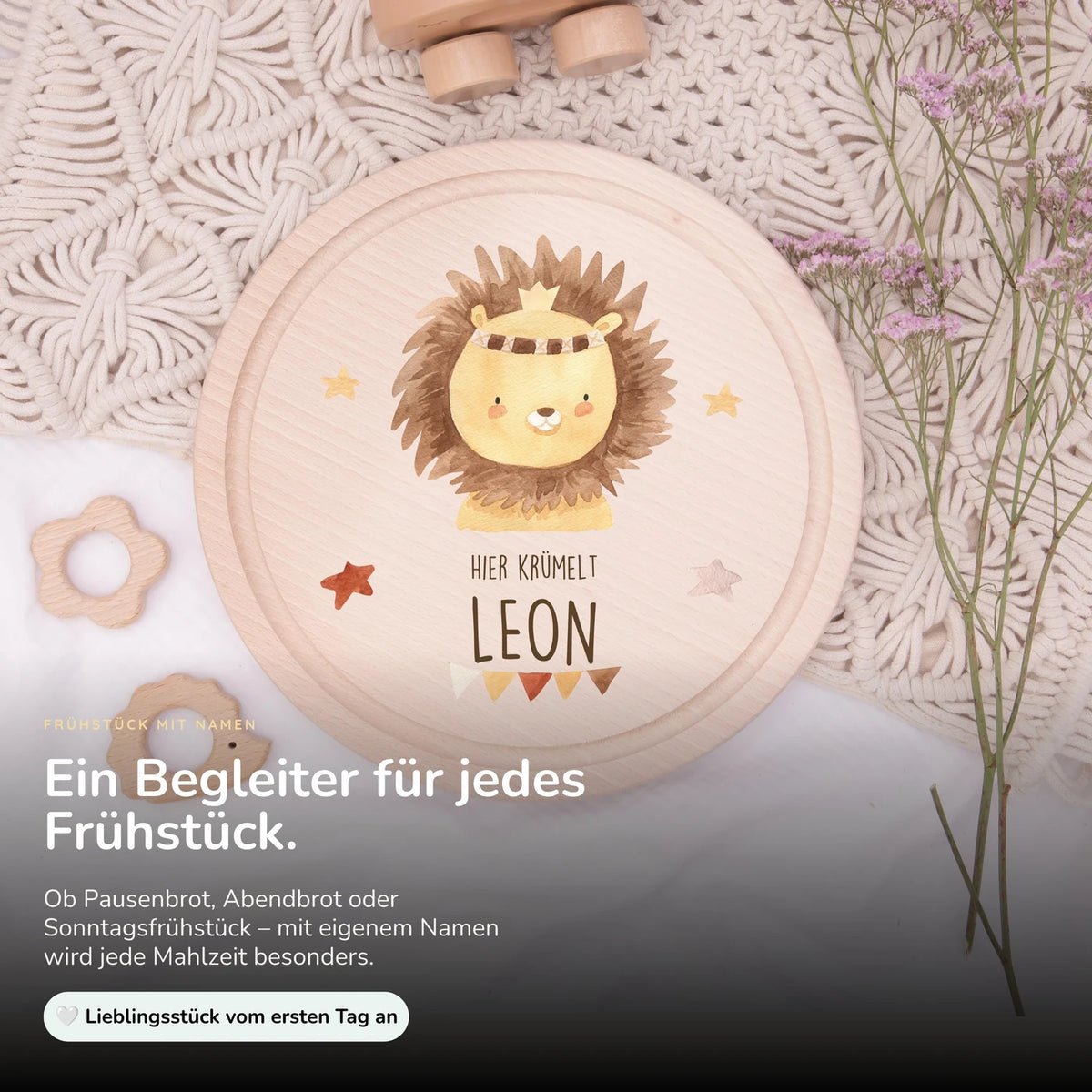 Rundes personalisiertes Frühstücksbrettchen Boho Löwe mit Namen für Kinder