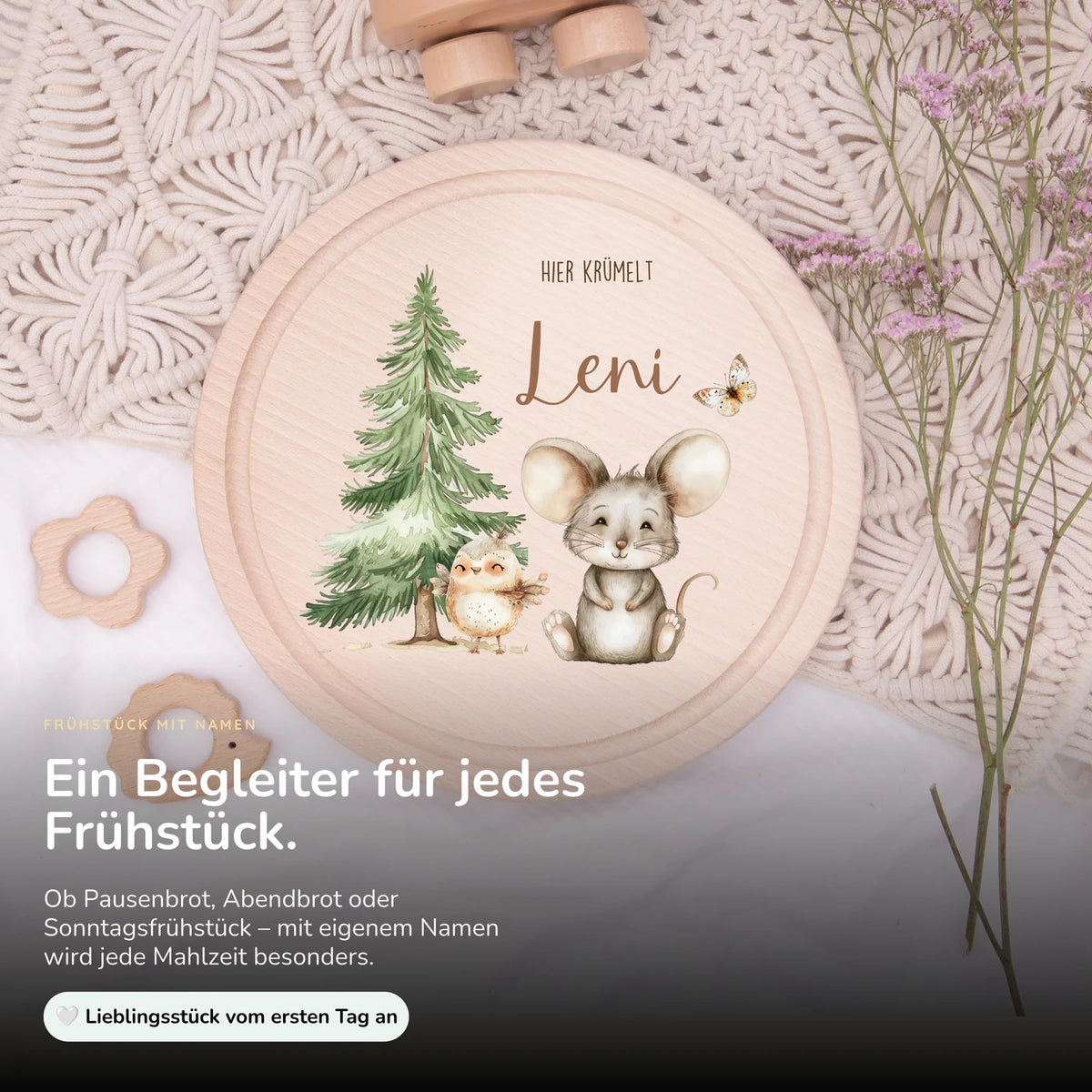 Rundes personalisiertes Frühstücksbrettchen Springmaus mit Namen für Kinder