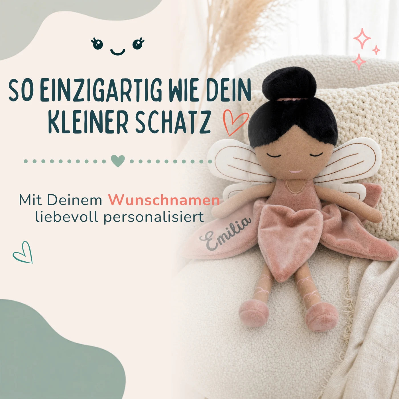 Jollein Stoffpuppe Fee Rosé, mit besticktem Wunschnamen als Geschenk zur Geburt