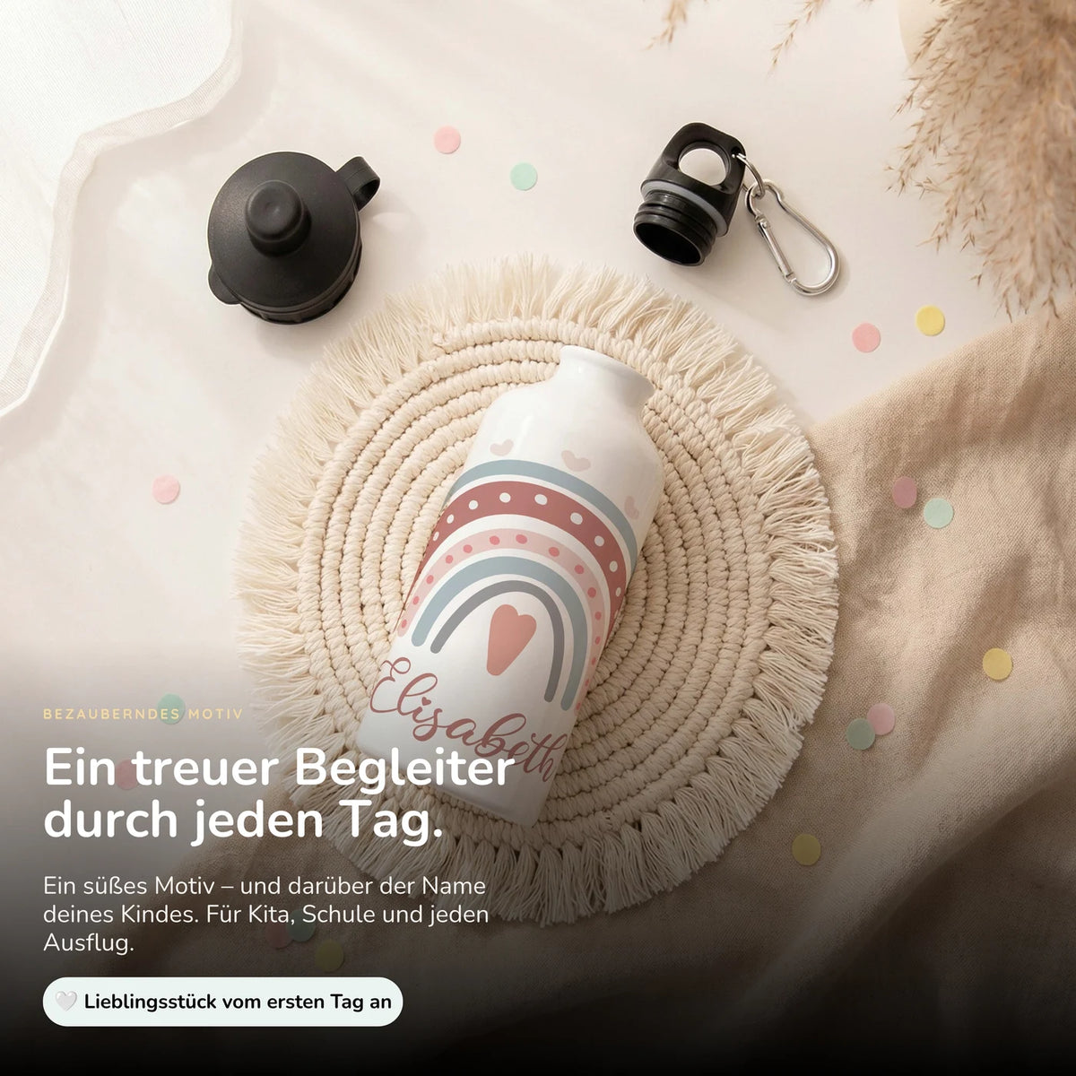 Personalisierte Trinkflasche Kinder – Boho-Regenbogen Herzen