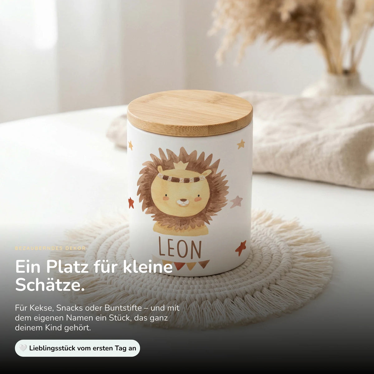 Personalisierte Keksdose Löwe Boho â Keramik & Bambus mit Wunschname