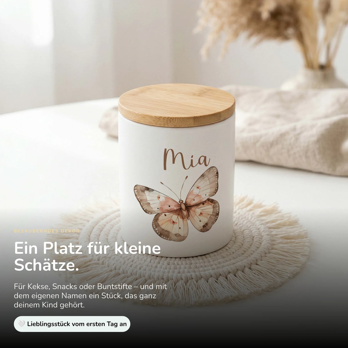 Personalisierte Keksdose Schmetterling – Keramik & Bambus mit Wunschname