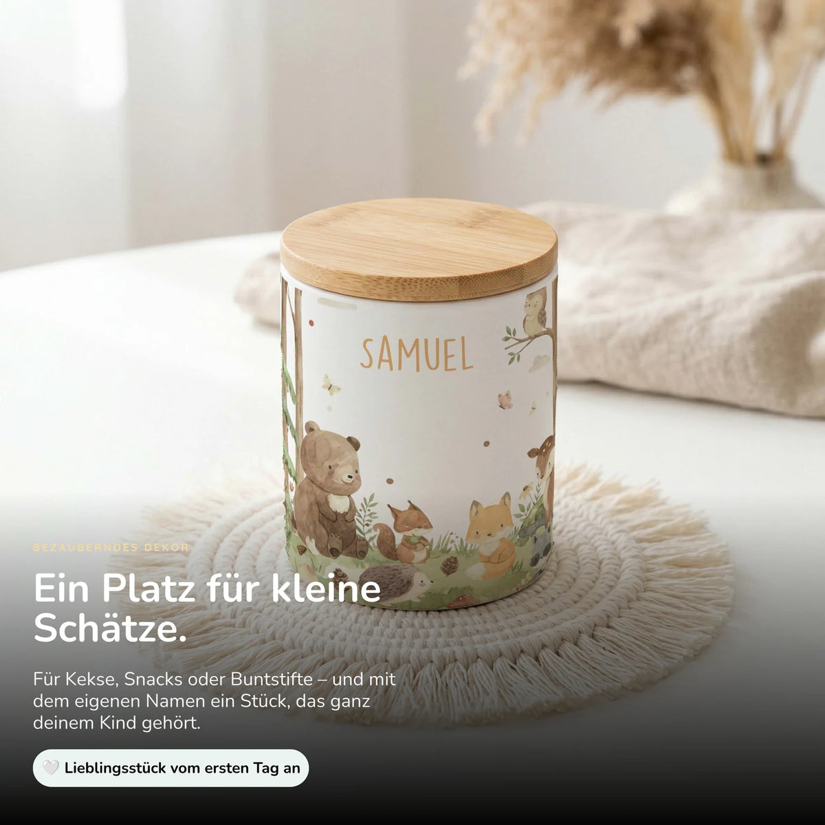 Personalisierte Keksdose Waldfreunde I – Keramik & Bambus mit Wunschname