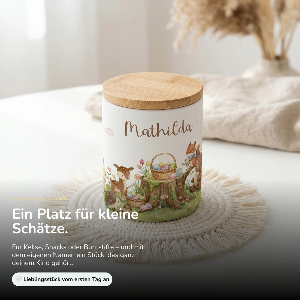 Personalisierte Keksdose Ostern Rehkitz – Keramik & Bambus mit Wunschname
