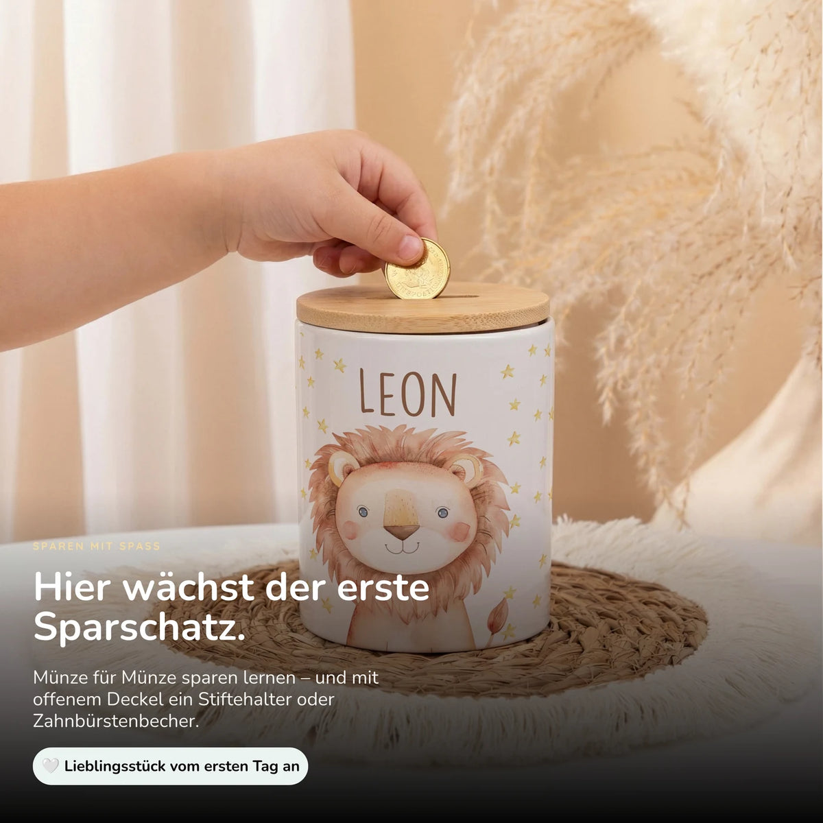 Personalisierte Spardose Löwe Sterne â Keramik & Bambus mit Wunschname
