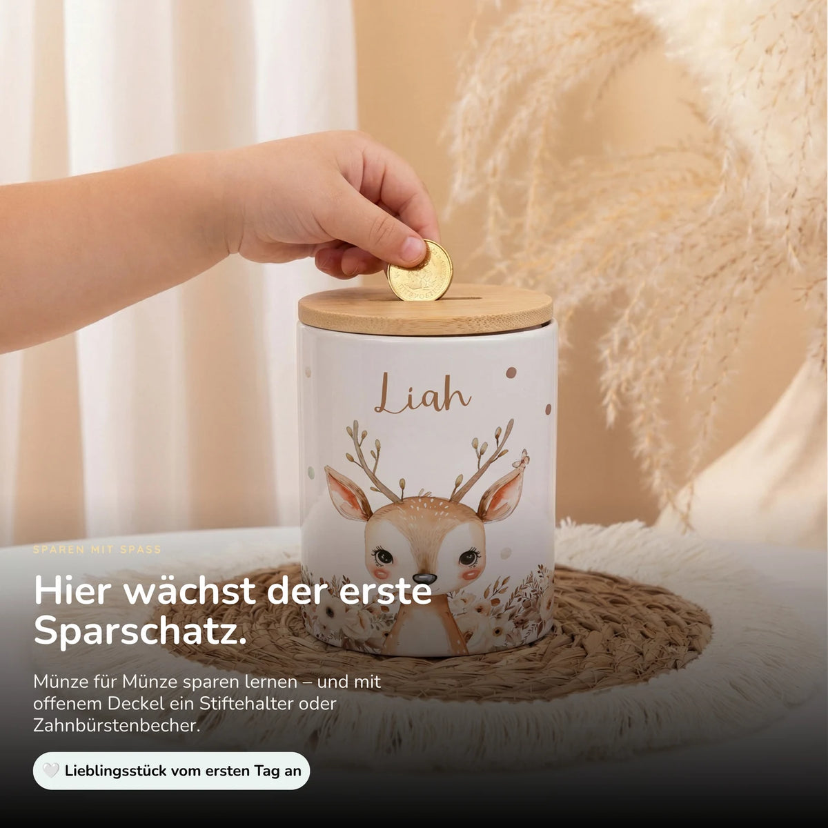Personalisierte Spardose Rehkitz Zweige â Keramik & Bambus mit Wunschname
