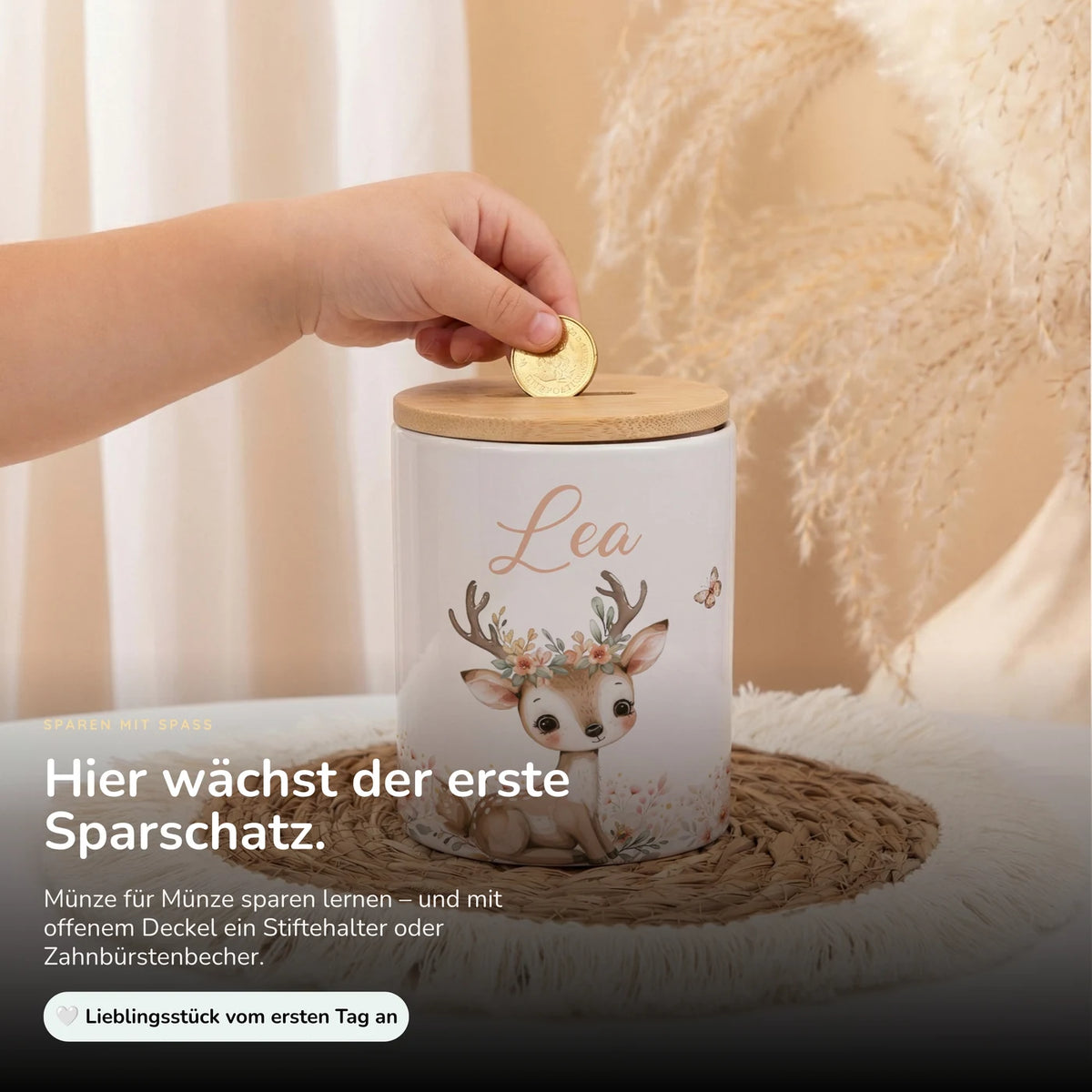 Personalisierte Spardose Reh Blumenkranz â Keramik & Bambus mit Wunschname