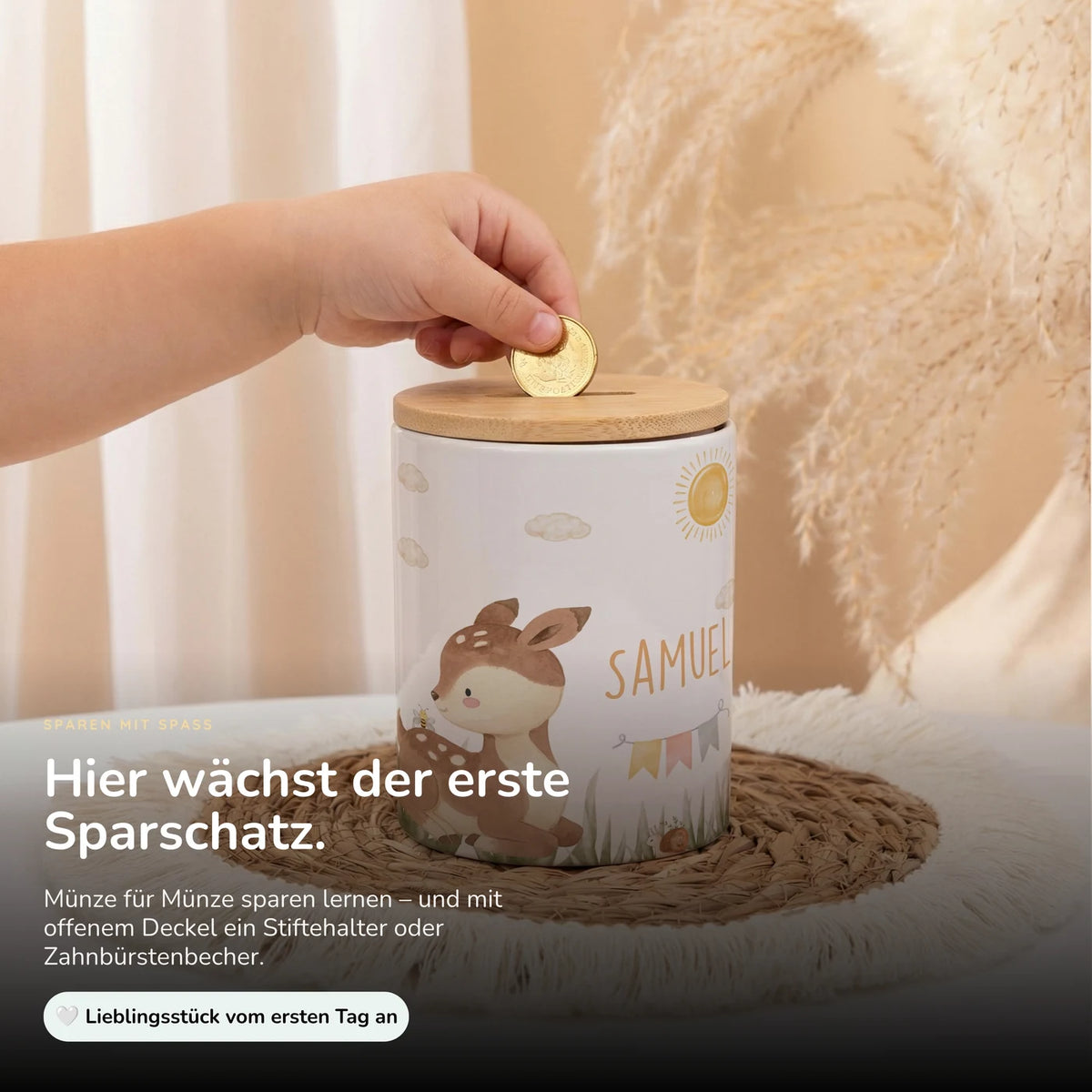 Personalisierte Spardose Rehkitz Sonne – Keramik & Bambus mit Wunschname
