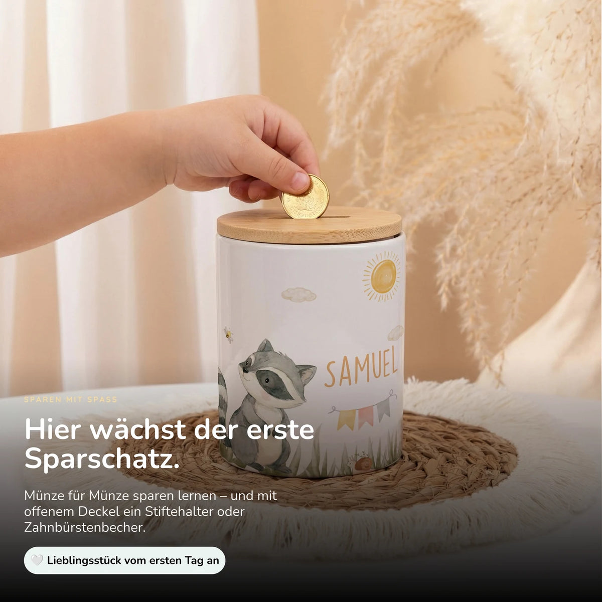 Personalisierte Spardose Waschbär Sommer – Keramik & Bambus mit Wunschname